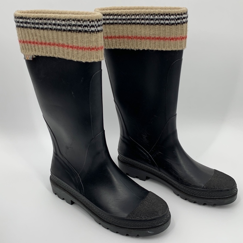 BURBERRY LONDON CLASSIC CHECK PLAID LOGO BLACK RUBBER TALL KNIT RAIN BOOTS - Picture 2 of 8